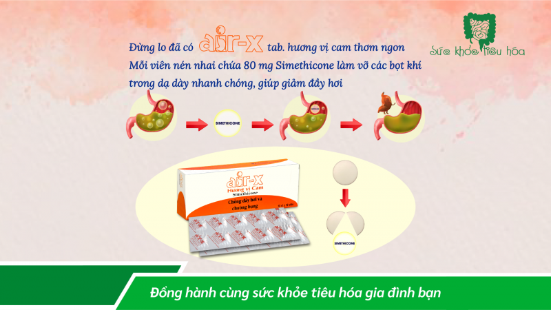 AIR-X TAB. HƯƠNG VỊ CAM (Viên nén) Giúp giảm đầy hơi và chướng bụng sau khi ăn