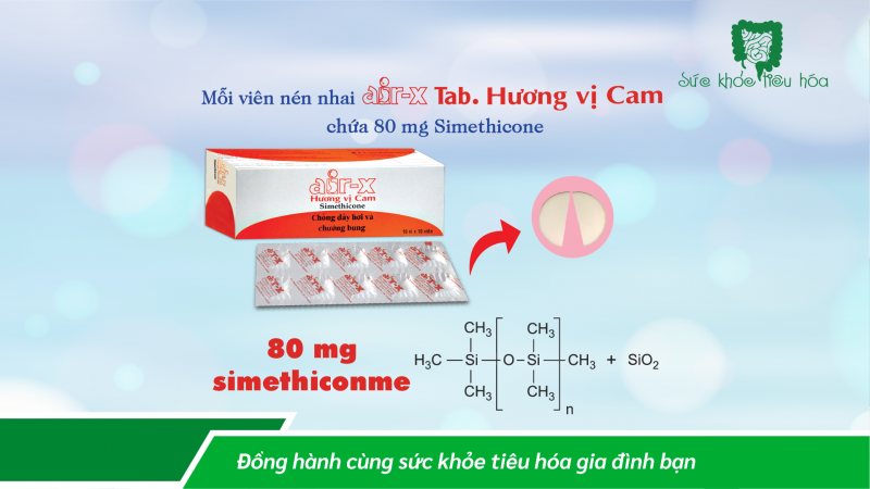 AIR-X TAB. HƯƠNG VỊ CAM (Viên nén) Giúp giảm đầy hơi và chướng bụng sau khi ăn