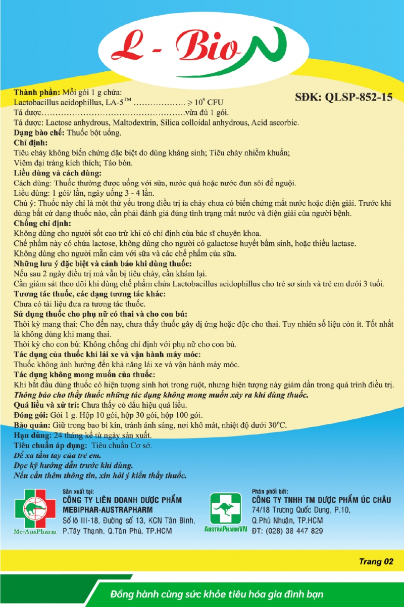 L-BIO-N (Thuốc bột uống) Hỗ trợ phòng ngừa và điều trị tiêu chảy, táo bón, viêm đại tràng kích thích