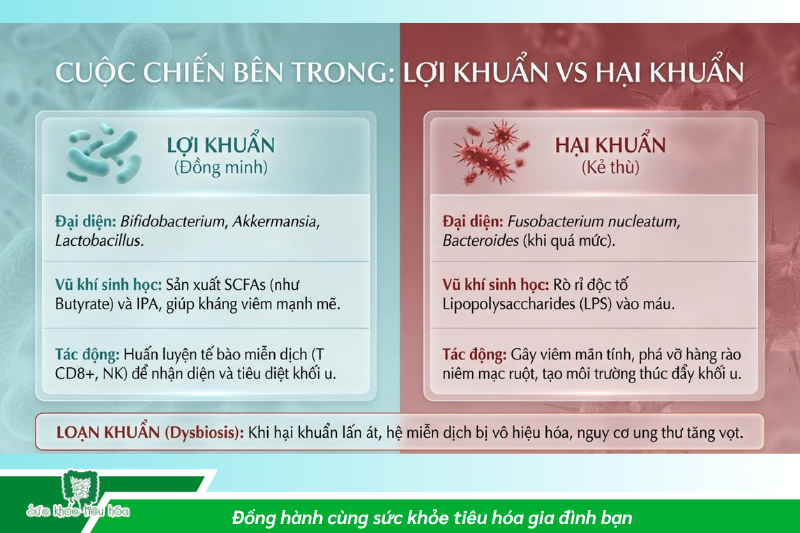biểu đồ so sánh lợi khuẩn vs hại khuẩn đường ruột và nguy cơ ung thư